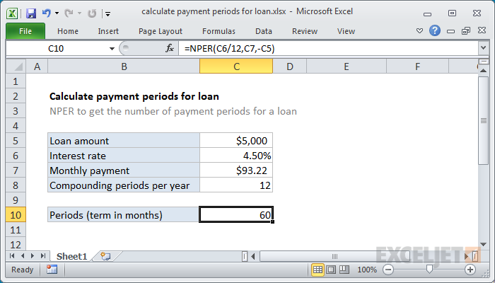 Calculate Payment Periods For Loan Excel Formula Exceljet 8220